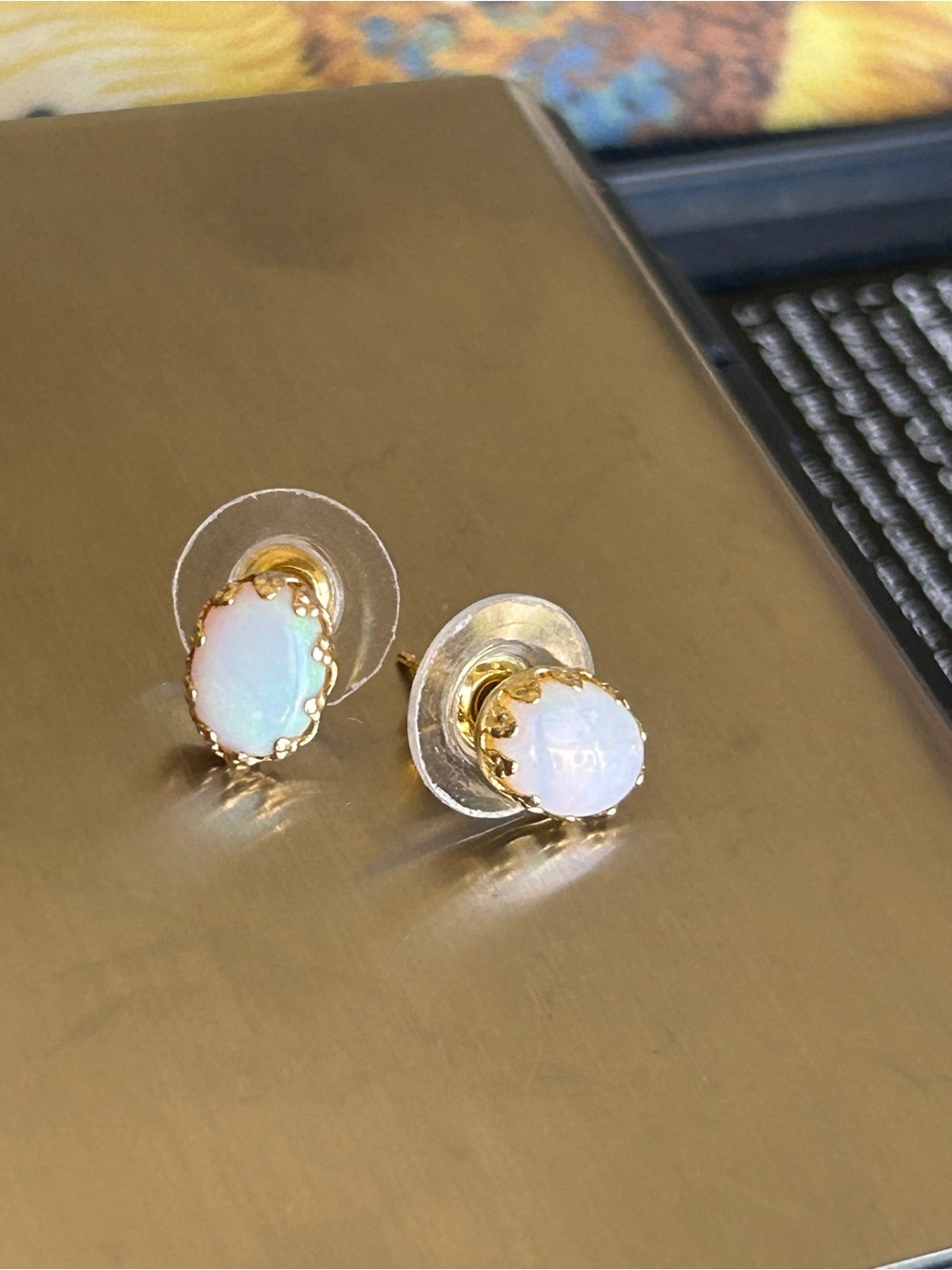 Vintage 1980 14k Gold Opal Stud Earrings - Iridescent White Opal - Picture 9 of 14